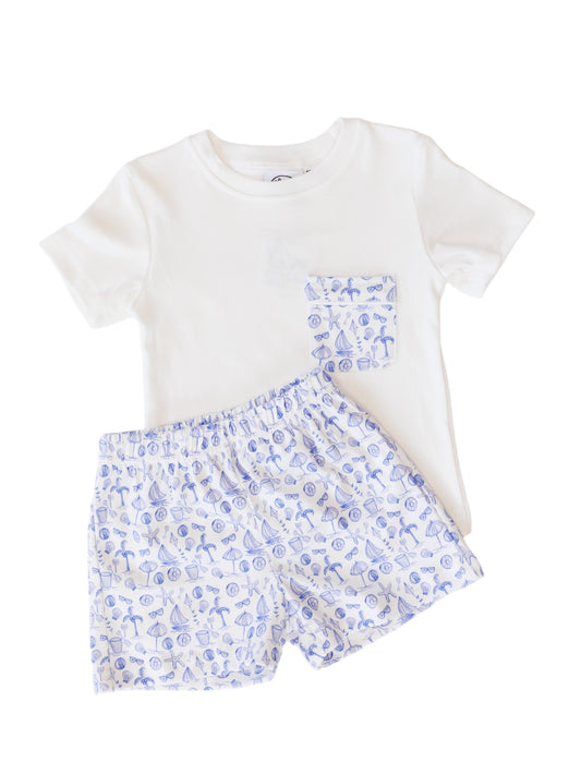 Seaside Serenity Beach Print Short Set - Blue